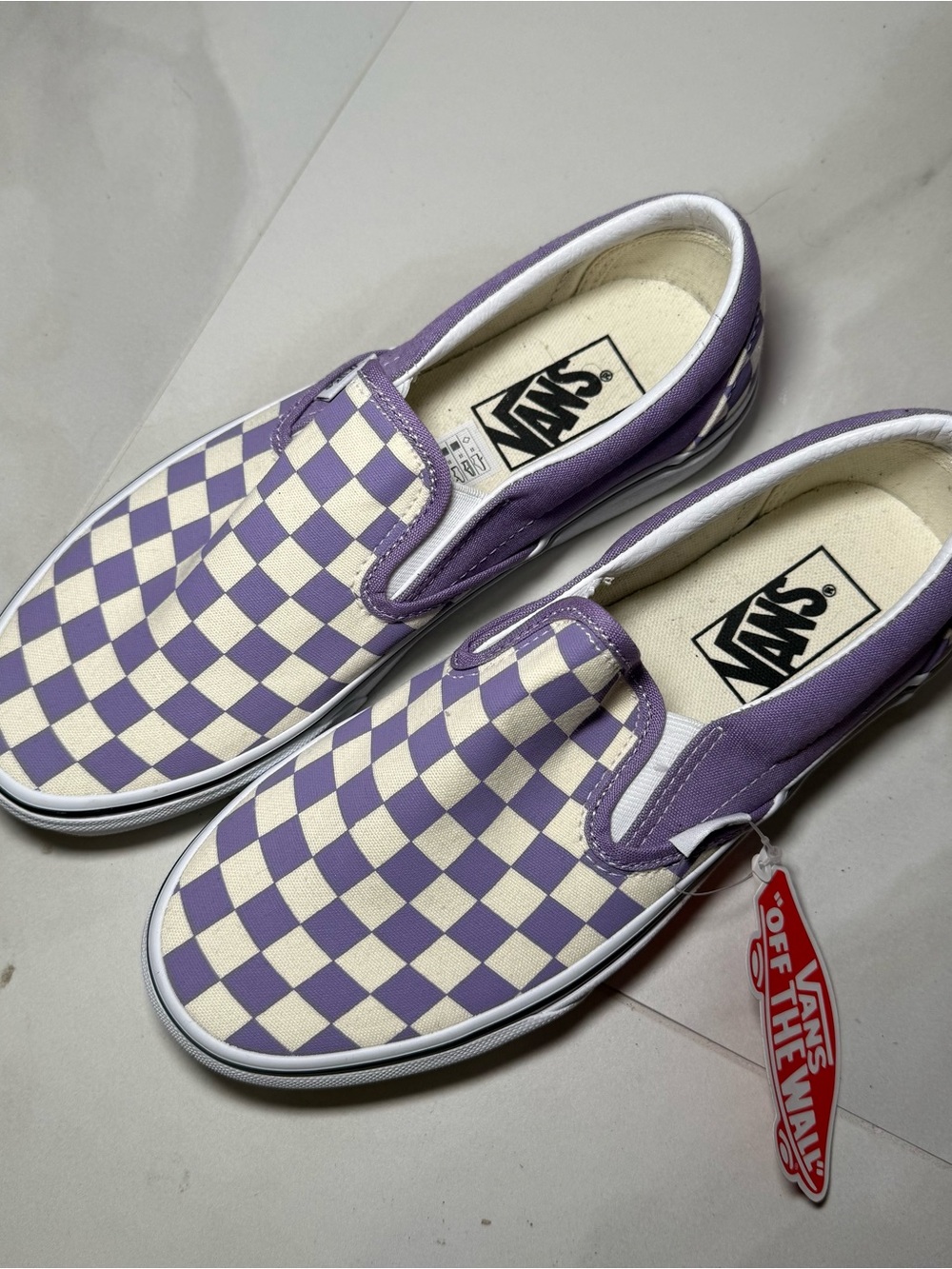 Vans Purple and White Checkerboard Slip-On Sneakers